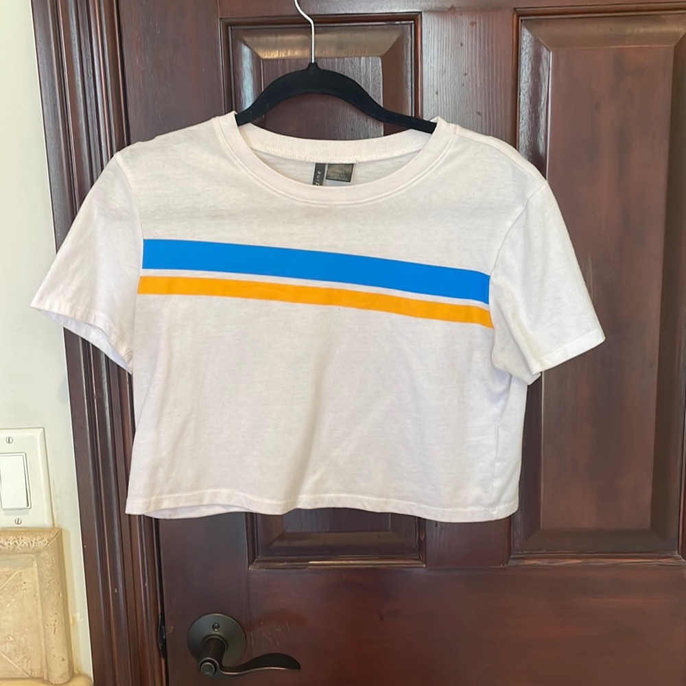 White cropped top with blue/yellow stripe